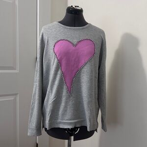 Magaschoni Light Gray Knit Sweater Rhinestone Heart Valentine’s